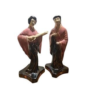 MID-CENTURY PAIR OF IRIDESCENT LUSTER ASIAN FIGURINES ASIAN GEISHA & MAN STATUES